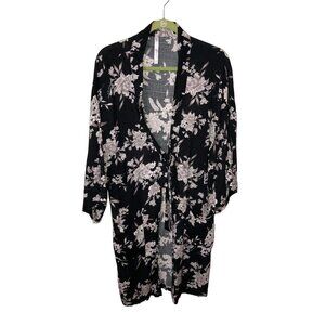 Spiritual Gangster One Size Black White Floral Tie Front Short Robe Rayon Kimono